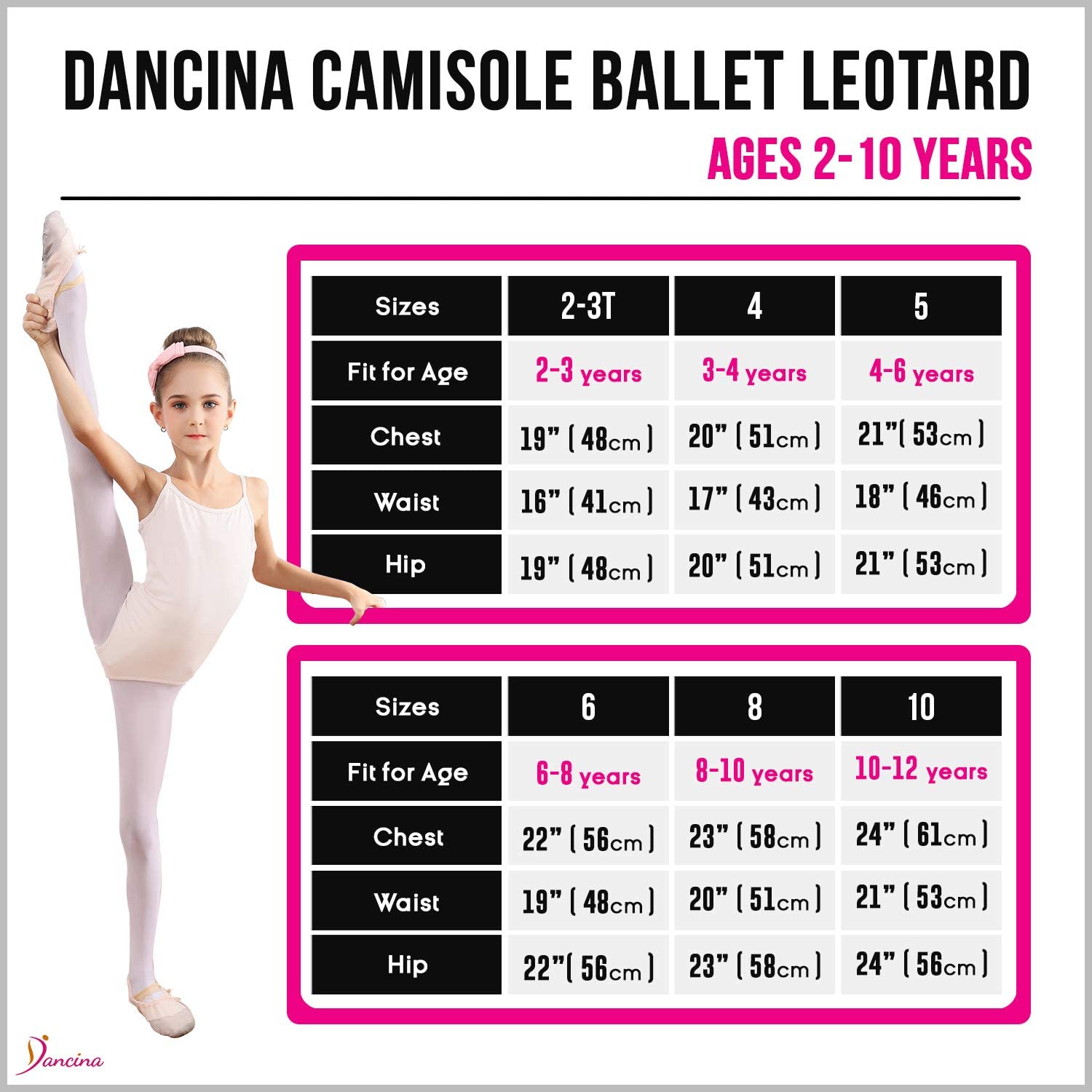Dancina Cotton Camisole Leotard Camisole with Full Front Lining Size Chart