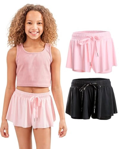 Dancina Girls Ombre Butterfly Shorts 2pack - Flowy Athletic 2-in-1 Skorts with Inner Pockets and Liner for Kids Ages 2-16