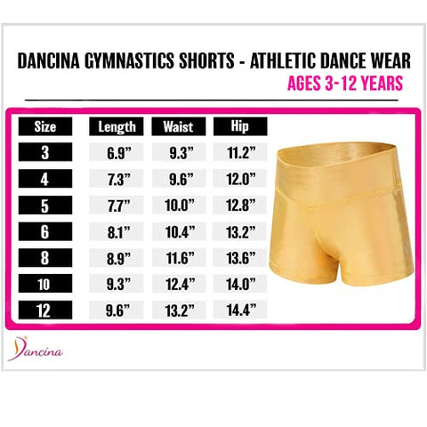 Dancina Gymnastic Shorts Athletic Dance Wear - Little Big Girls Classic and New Metallic Ice