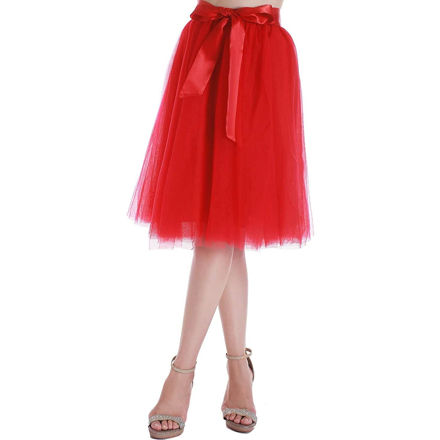 Dancina Women's A-Line Tea Length Midi Tulle Skirt - Regular and Plus Size in Bright Red