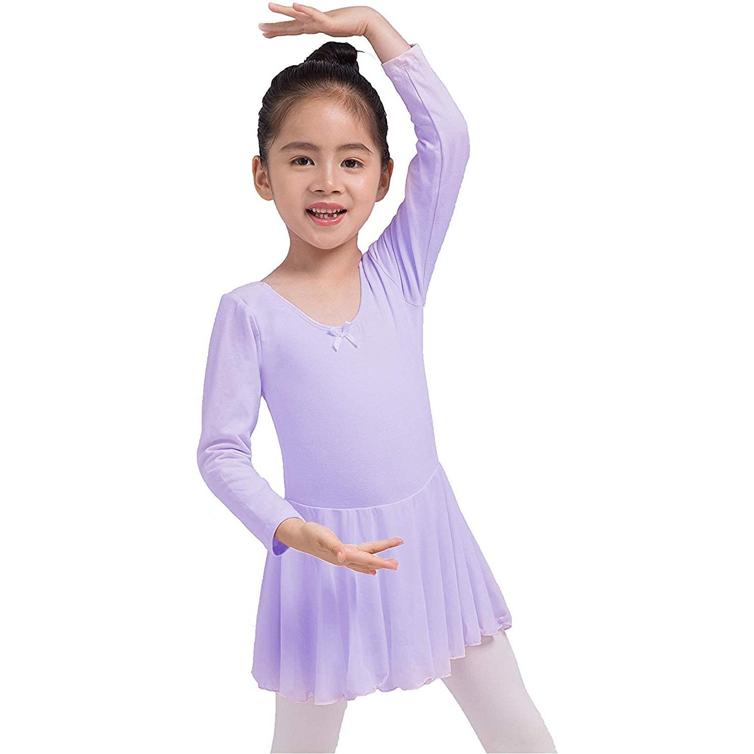 Dancina Girls Skirted Ballet Leotard Dance Dress Long Sleeve Cotton Front Lined Lavender