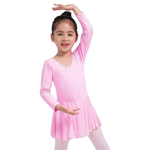 Dancina Girls Skirted Ballet Leotard Dance Dress Long Sleeve Cotton Front Lined in Hot Pink