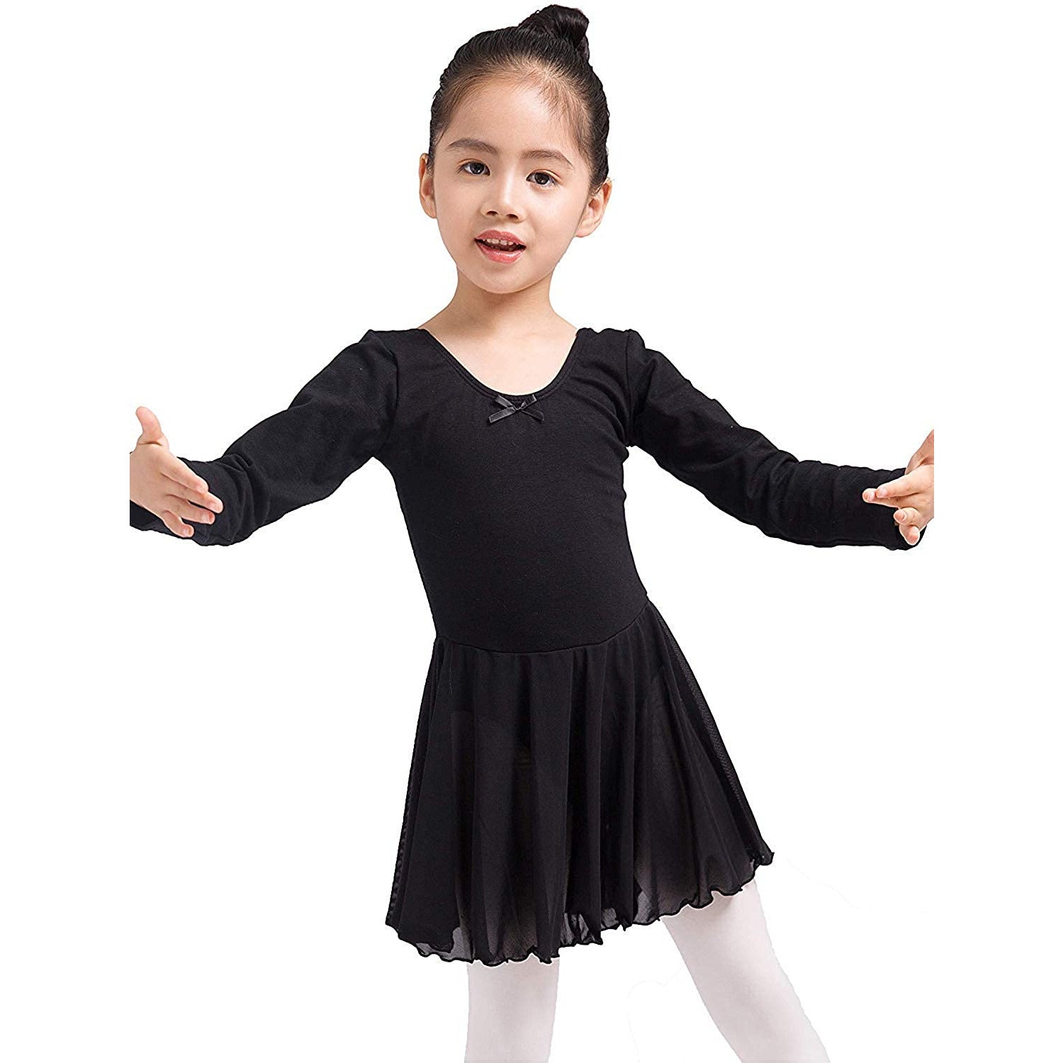 Dancina Girls Skirted Ballet Leotard Dance Dress Long Sleeve Cotton Front Lined in Black