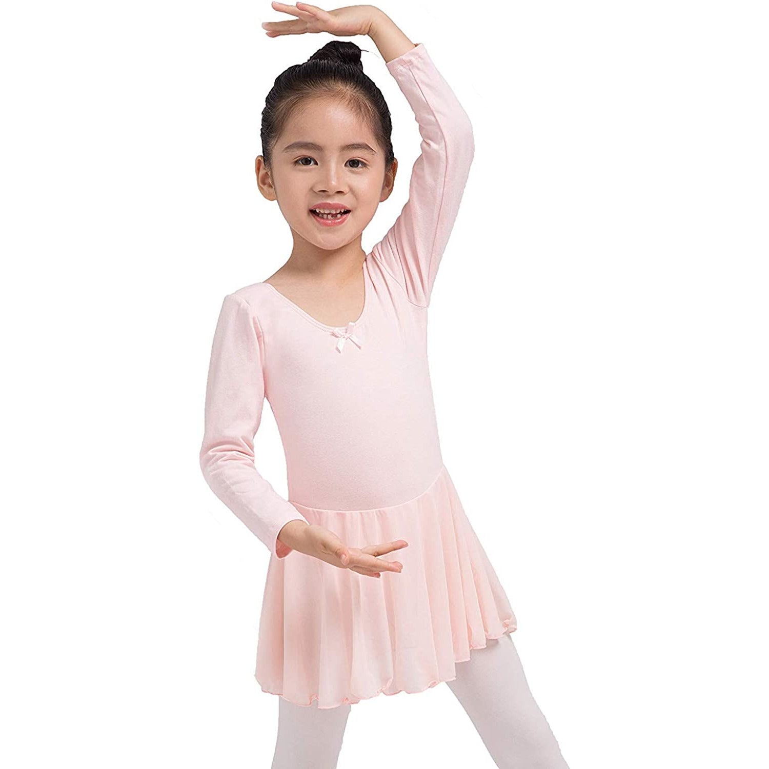 Dancina Girls Skirted Ballet Leotard Dance Dress Long Sleeve Cotton Front Lined in Ballet Pink