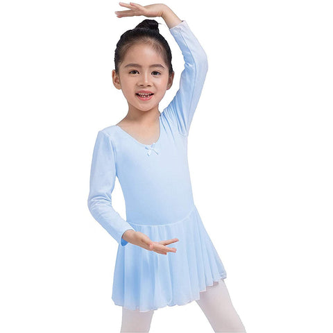 Dancina Girls Skirted Ballet Leotard Dance Dress Long Sleeve Cotton Front Lined in Light Blue