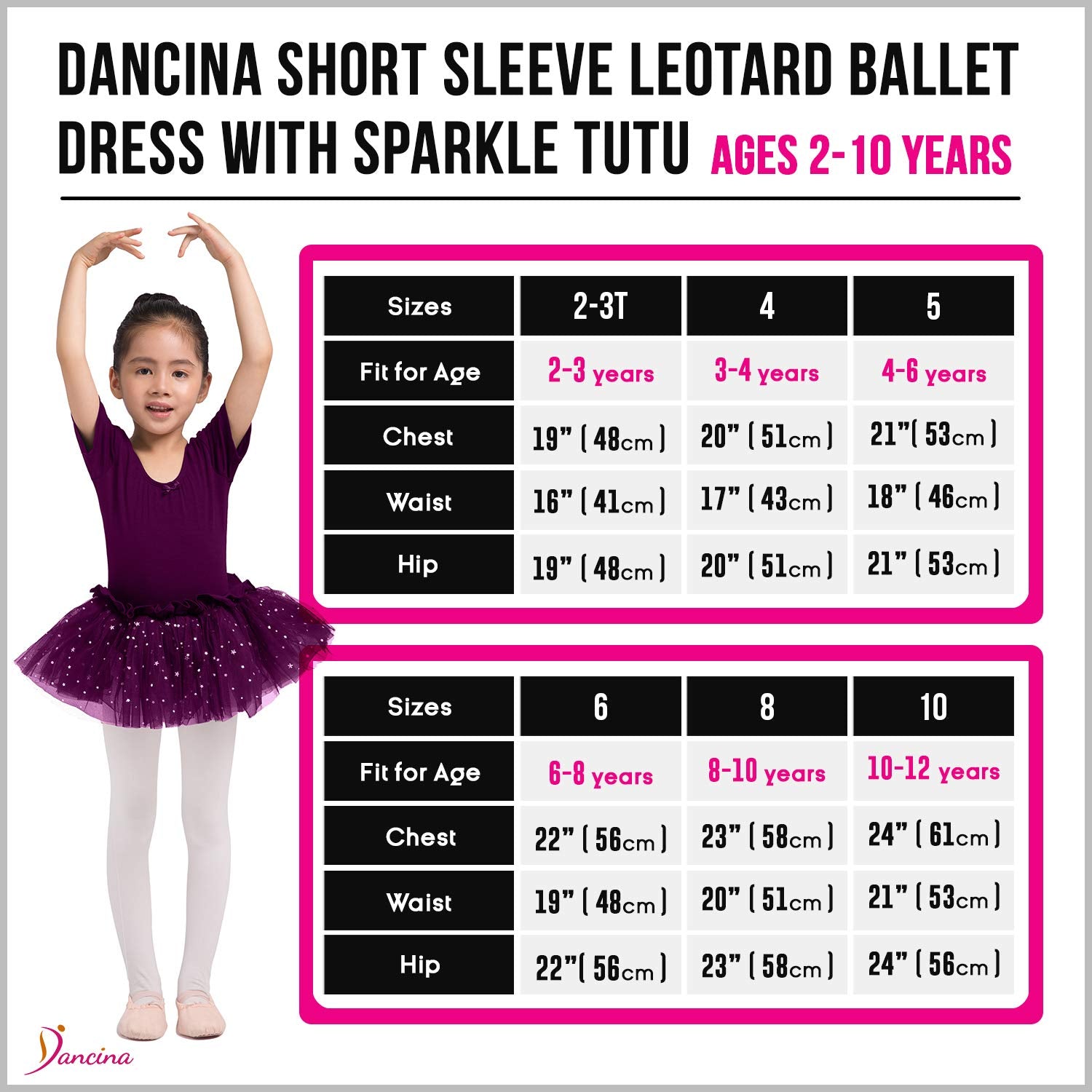 Dancina Leotard Sparkle Tutu Dress Short Sleeve Size Chart