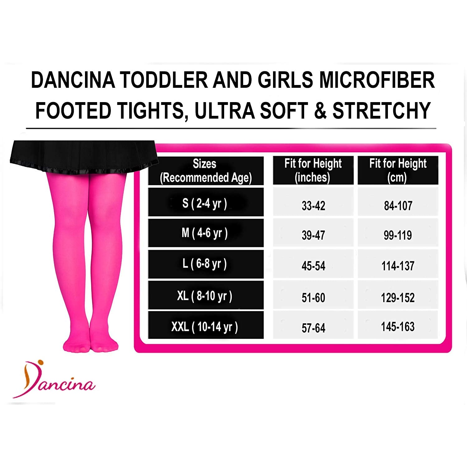 Dancina Toddler & Girls Microfiber Tights Size Chart
