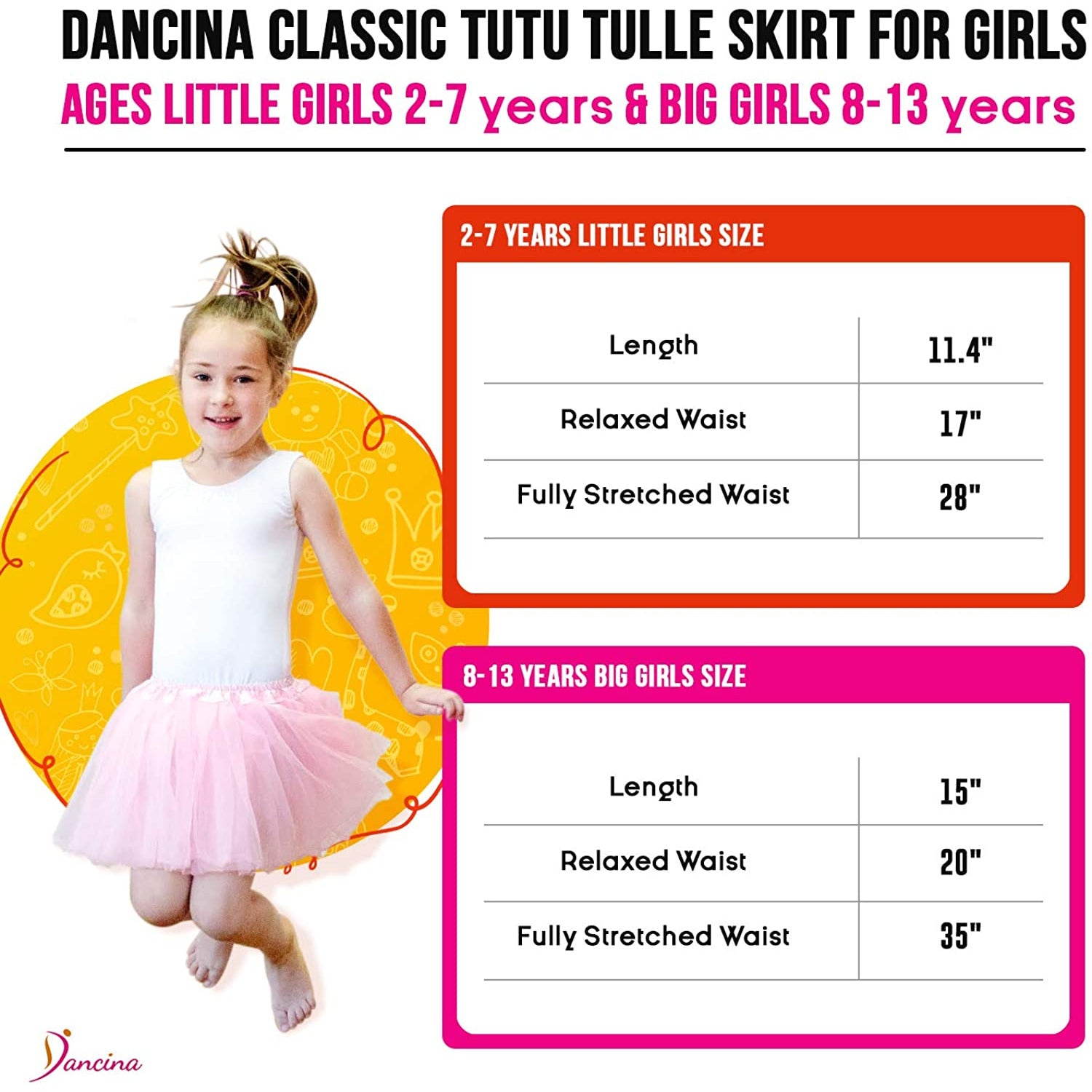 Dancina Tulle Skirt for Girls 2-12 years Size Chart