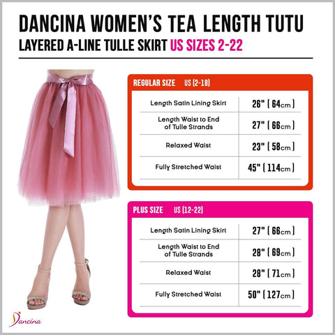 Dancina Women's A-Line Tea Length Midi Tulle Skirt - Regular and Plus Size Size Chart
