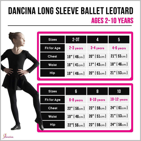 Dancina Girls' Long Sleeve Cotton Ballet Leotard Front Lined Size Chart