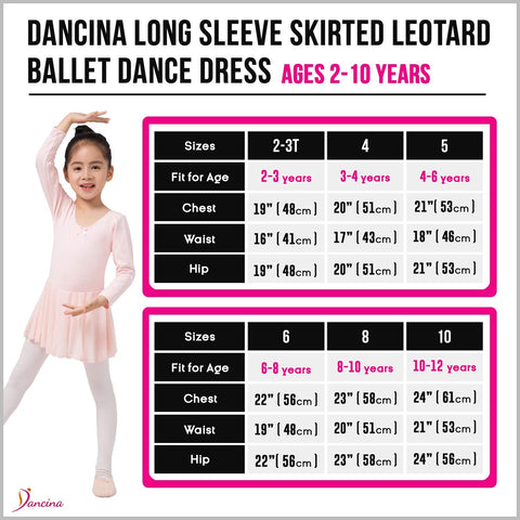 Dancina Girls Skirted Ballet Leotard Dance Dress Long Sleeve Cotton Front Lined Size Chart