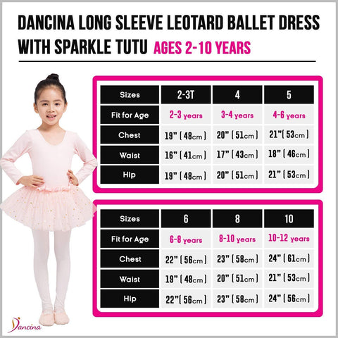 Dancina Sparkle Tutu Ballet Dress for Girls and Toddlers (Long Sleeve) Size Chart