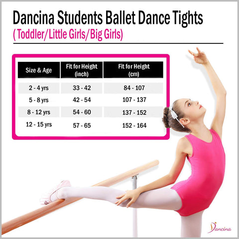 Dancina Girls' Students Footed Ballet Dance School Tights (Toddler/Little Girls/Big Girls) Size Chart