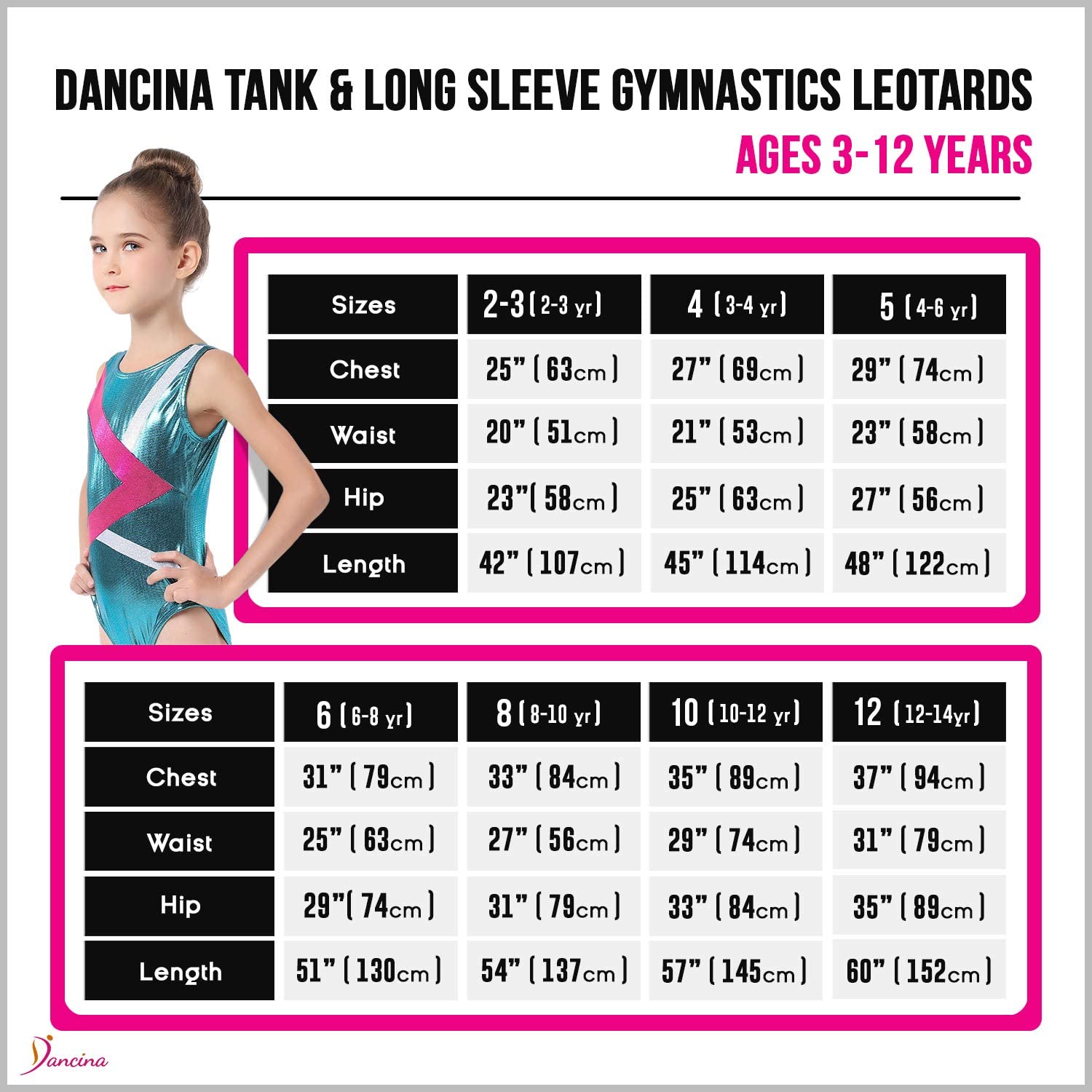 Gymnastics Leotards for Girls "Purple Stripes" (Ages 3-12) Size Chart