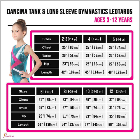Gymnastics Leotards for Girls "Mermaid Purple" (Ages 3-12) Size chart
