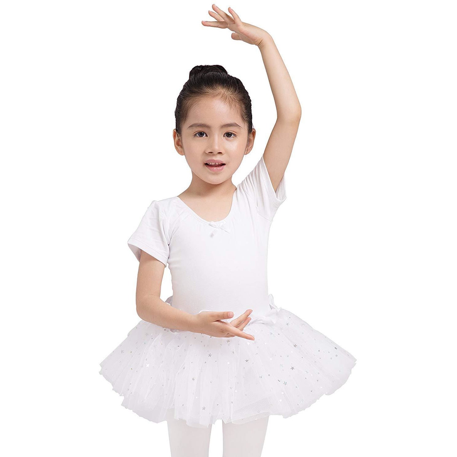 Dancina Leotard Sparkle Tutu Dress Short Sleeve in White