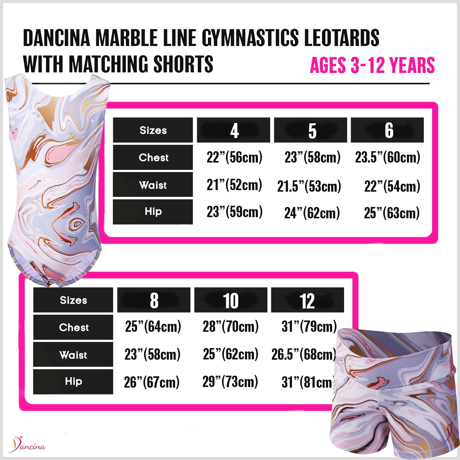 Dancina Marble Line Gymnastics Outfit Sizing Chart